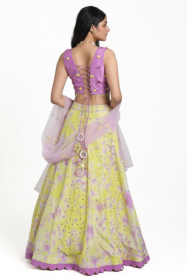 Green & Lilac Silk Floral Motif Embroidered Tie-Dye Wedding Lehenga Set by NITISHA  KASHYAP at Pernia's Pop Up Shop