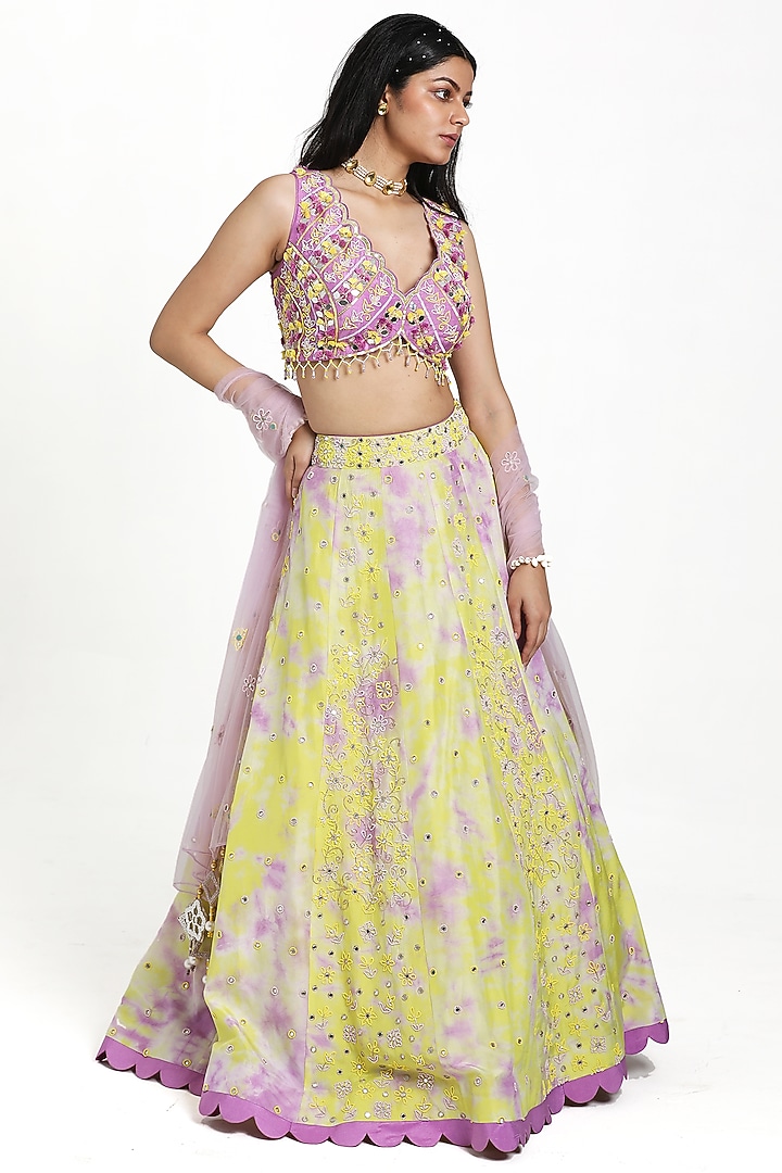 Green & Lilac Silk Floral Motif Embroidered Tie-Dye Wedding Lehenga Set by NITISHA  KASHYAP at Pernia's Pop Up Shop