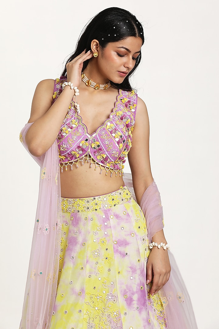 Green & Lilac Silk Floral Motif Embroidered Tie-Dye Wedding Lehenga Set by NITISHA  KASHYAP at Pernia's Pop Up Shop