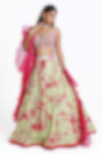 Green & Pink Silk Floral Motif Embroidered Tie-Dye Wedding Lehenga Set by NITISHA  KASHYAP at Pernia's Pop Up Shop