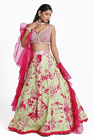 Green & Pink Silk Floral Motif Embroidered Tie-Dye Lehenga Set by NITISHA  KASHYAP