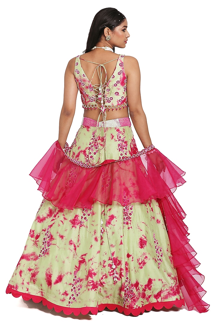 Green & Pink Silk Floral Motif Embroidered Tie-Dye Wedding Lehenga Set by NITISHA  KASHYAP at Pernia's Pop Up Shop