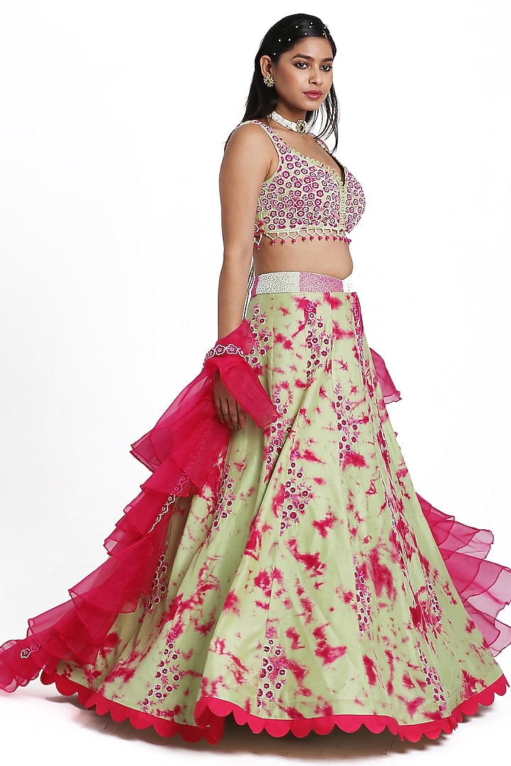 Green & Pink Silk Floral Motif Embroidered Tie-Dye Wedding Lehenga Set by NITISHA  KASHYAP at Pernia's Pop Up Shop