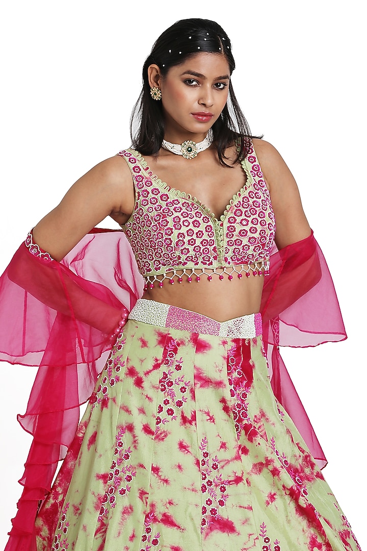 Green & Pink Silk Floral Motif Embroidered Tie-Dye Wedding Lehenga Set by NITISHA  KASHYAP at Pernia's Pop Up Shop