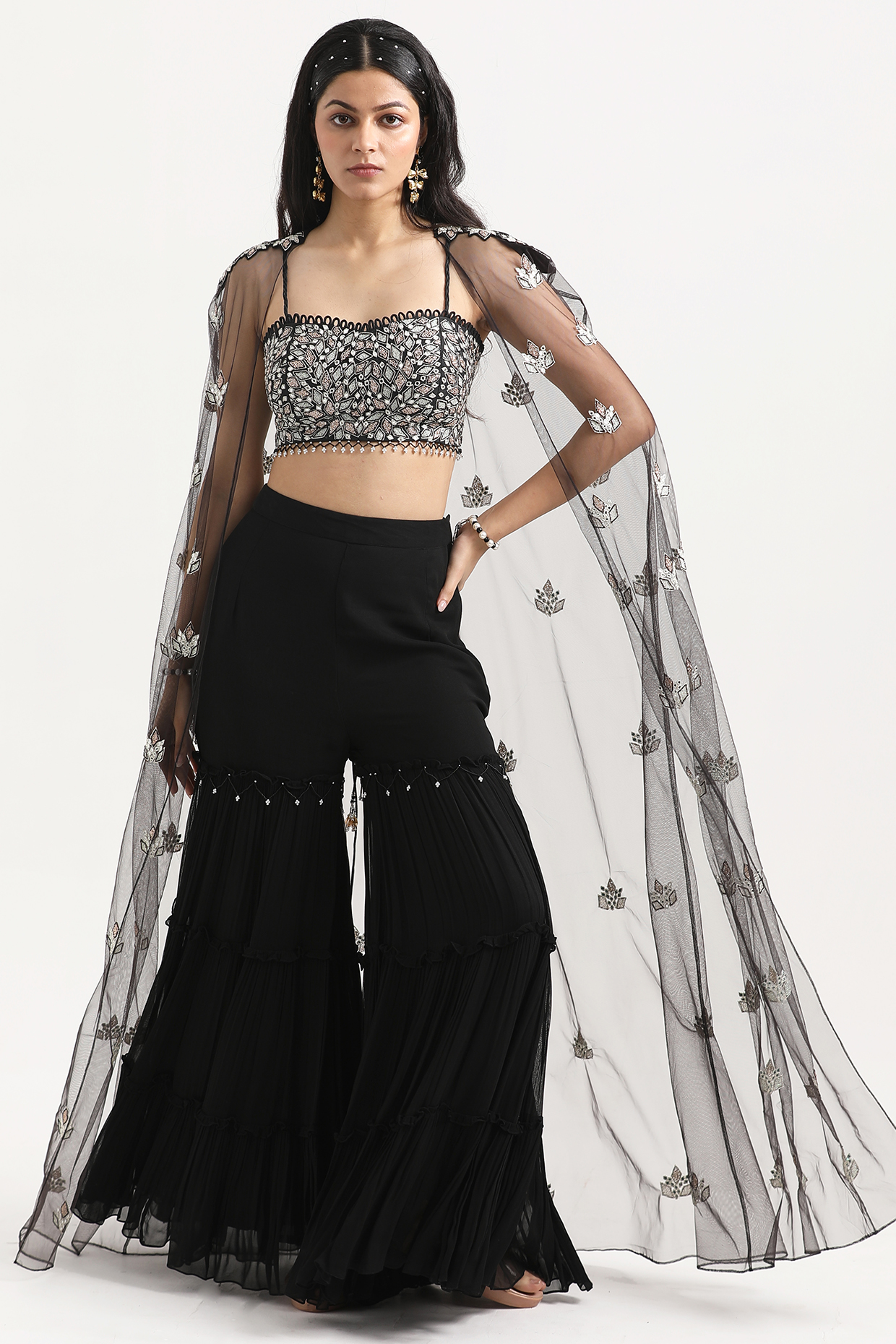Black Net Resham & Badla Embroidered Cape Set by NITISHA  KASHYAP at Pernia's Pop Up Shop