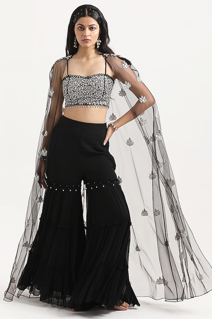 Black Net Resham & Badla Embroidered Cape Set by NITISHA  KASHYAP at Pernia's Pop Up Shop