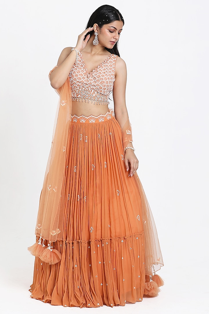 Peach Georgette Cutdana & Beads Embroidered Wedding Lehenga Set by NITISHA  KASHYAP at Pernia's Pop Up Shop