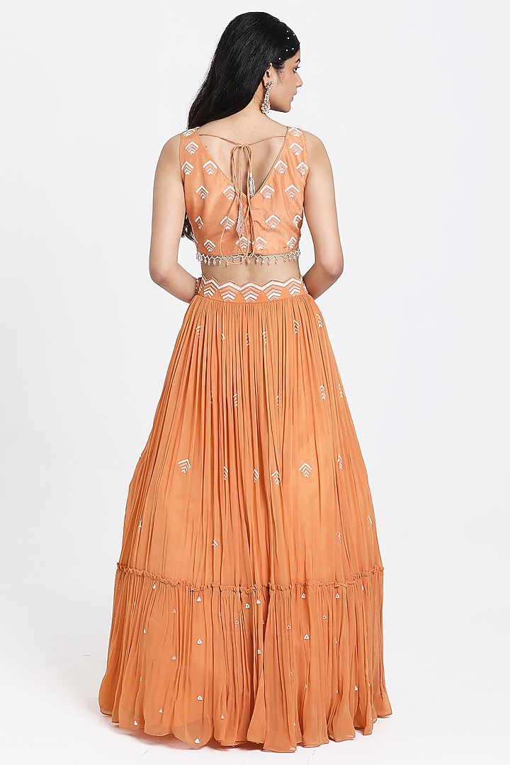 Peach Georgette Cutdana & Beads Embroidered Wedding Lehenga Set by NITISHA  KASHYAP at Pernia's Pop Up Shop