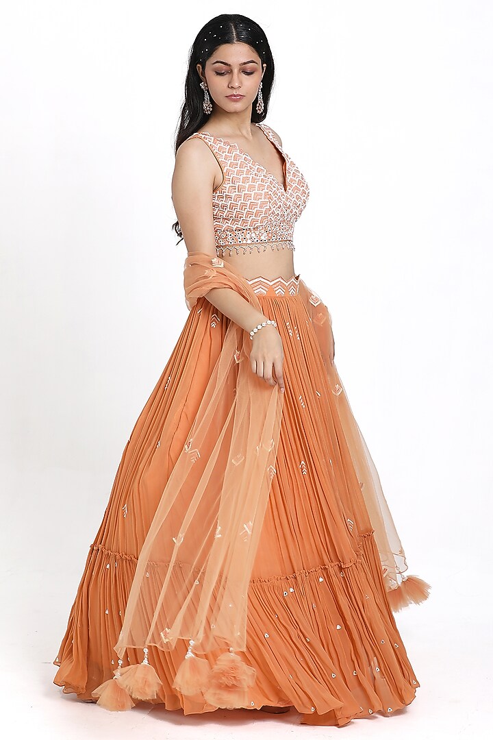 Peach Georgette Cutdana & Beads Embroidered Wedding Lehenga Set by NITISHA  KASHYAP at Pernia's Pop Up Shop