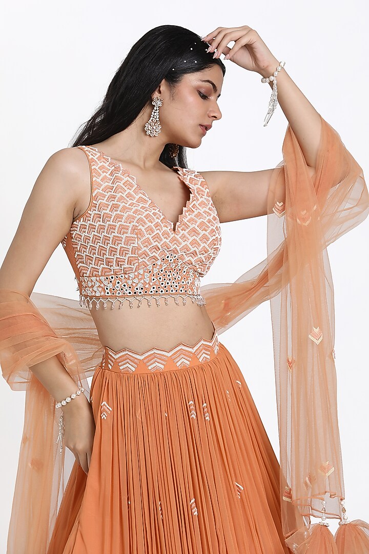 Peach Georgette Cutdana & Beads Embroidered Wedding Lehenga Set by NITISHA  KASHYAP at Pernia's Pop Up Shop
