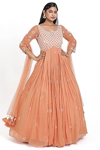 Peach Georgette & Net Cutdana Embroidered Gathered Anarkali Set by NITISHA  KASHYAP
