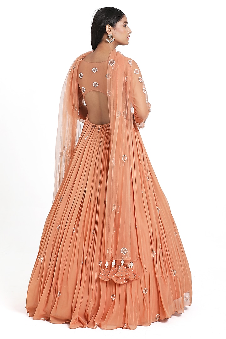 Peach Georgette & Net Cutdana Embroidered Gathered Wedding Anarkali Set by NITISHA  KASHYAP at Pernia's Pop Up Shop