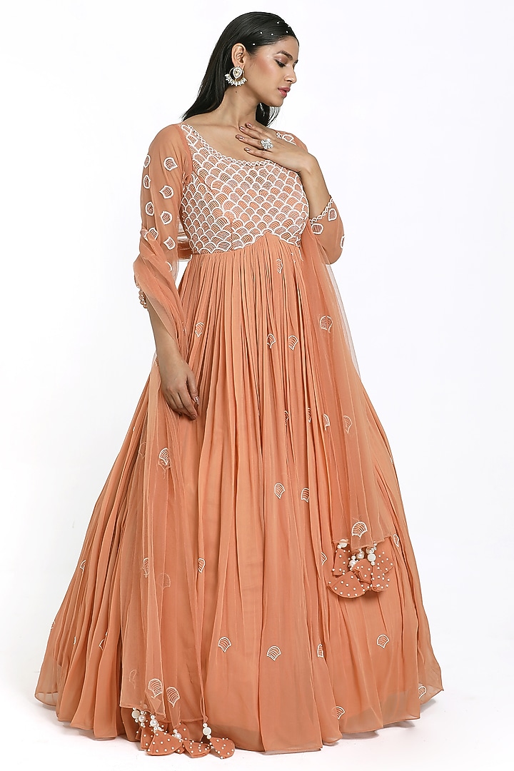 Peach Georgette & Net Cutdana Embroidered Gathered Wedding Anarkali Set by NITISHA KASHYAP at Pernia's Pop Up Shop