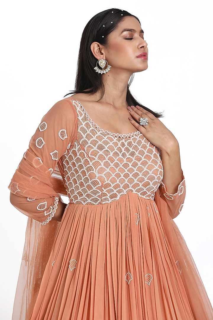 Peach Georgette & Net Cutdana Embroidered Gathered Wedding Anarkali Set by NITISHA KASHYAP at Pernia's Pop Up Shop