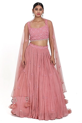 Onion Pink Georgette & Net Cutdana Embroidered Lehenga Set by NITISHA  KASHYAP