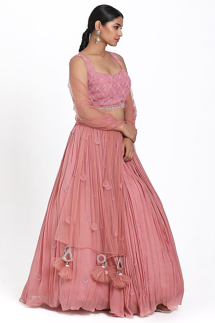 Onion Pink Georgette & Net Cutdana Embroidered Wedding Lehenga Set by NITISHA KASHYAP at Pernia's Pop Up Shop
