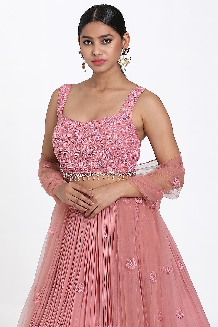Onion Pink Georgette & Net Cutdana Embroidered Wedding Lehenga Set by NITISHA KASHYAP at Pernia's Pop Up Shop
