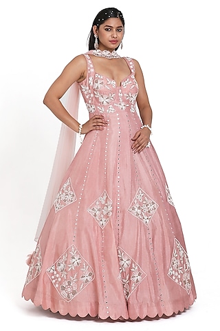 Onion Pink Silk Floral Motif Embroidered Kalidar Anarkali Set by NITISHA  KASHYAP