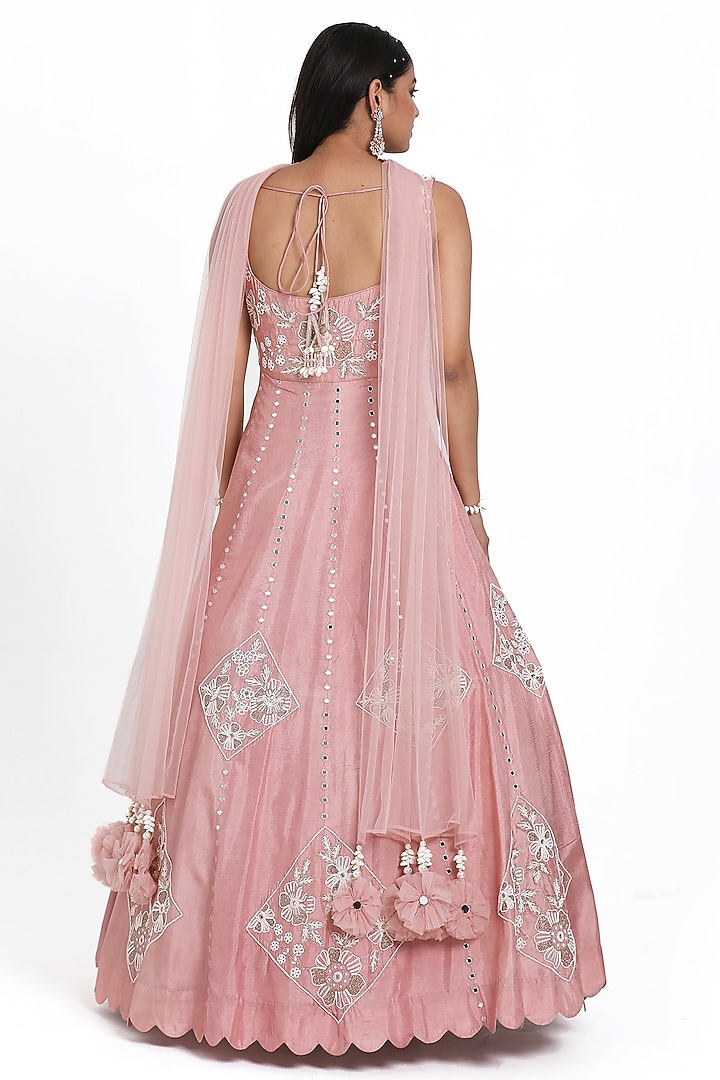 Onion Pink Silk Floral Motif Embroidered Kalidar Wedding Anarkali Set by NITISHA  KASHYAP at Pernia's Pop Up Shop