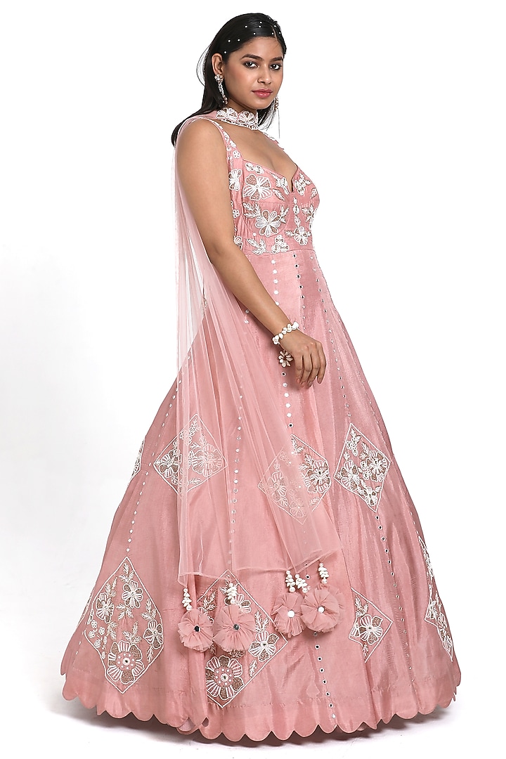 Onion Pink Silk Floral Motif Embroidered Kalidar Wedding Anarkali Set by NITISHA  KASHYAP at Pernia's Pop Up Shop