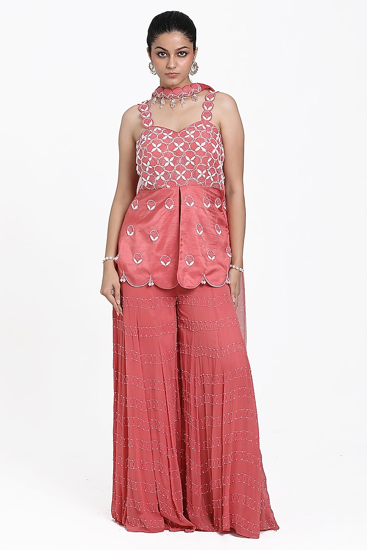 Onion Pink Georgette Cutdana & Bead Embroidered Inserted Sharara Set by NITISHA  KASHYAP at Pernia's Pop Up Shop