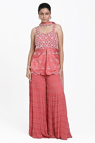 Onion Pink Georgette Cutdana & Bead Embroidered Inserted Sharara Set by NITISHA  KASHYAP