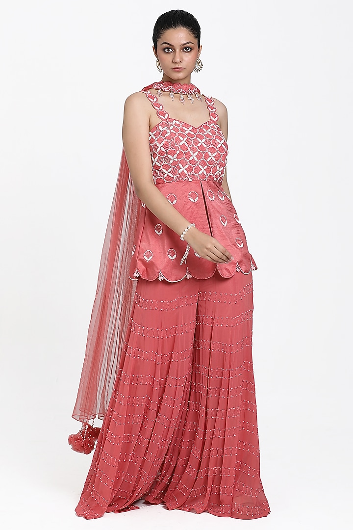 Onion Pink Georgette Cutdana & Bead Embroidered Inserted Wedding Sharara Set by NITISHA  KASHYAP at Pernia's Pop Up Shop