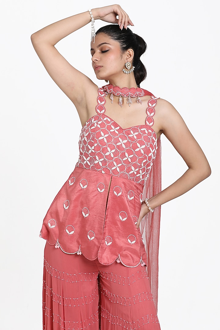 Onion Pink Georgette Cutdana & Bead Embroidered Inserted Wedding Sharara Set by NITISHA  KASHYAP at Pernia's Pop Up Shop
