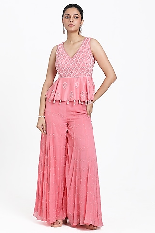 Coral Pink Georgette Cutdana & Bead Embroidered Inserted Sharara Set by NITISHA  KASHYAP