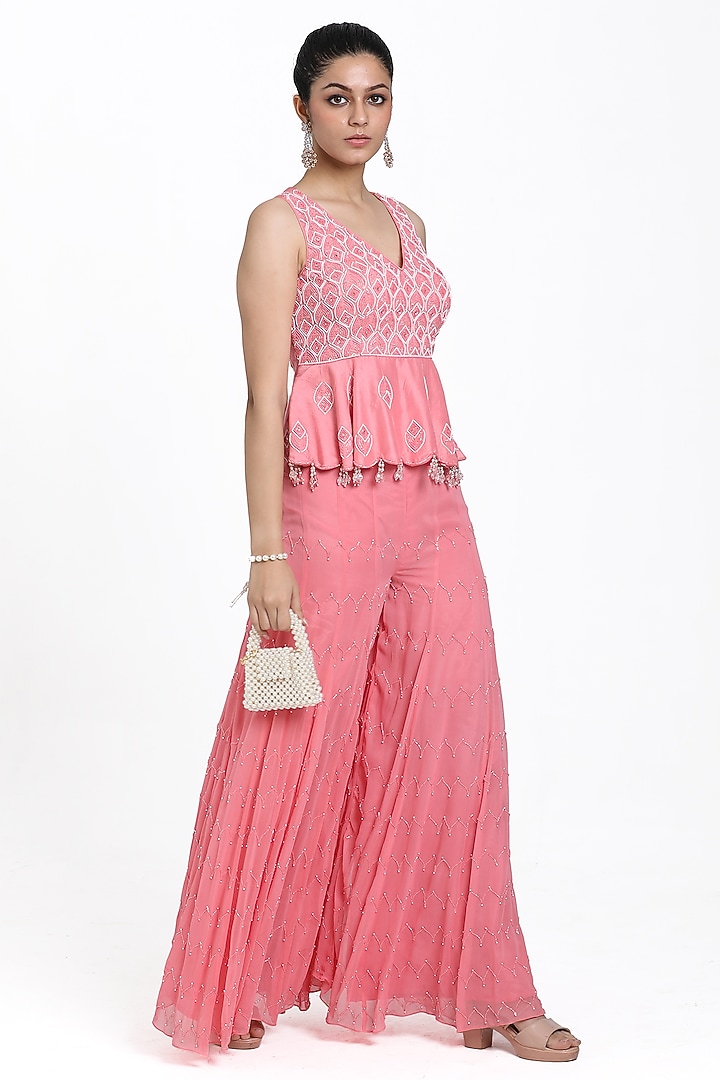 Coral Pink Georgette Cutdana & Bead Embroidered Inserted Wedding Sharara Set by NITISHA  KASHYAP at Pernia's Pop Up Shop