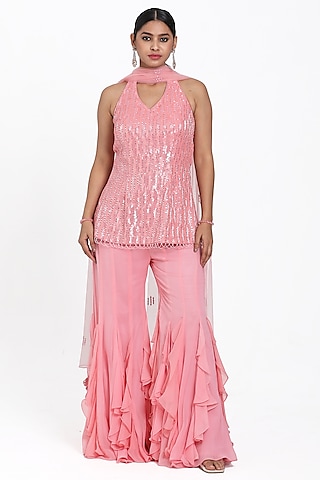Onion Pink Georgette Frilled Inserted Sharara Set by NITISHA  KASHYAP