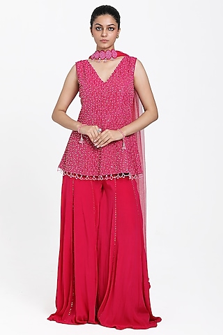 Fuchsia Pink Crepe Inserted Sharara Set by NITISHA  KASHYAP