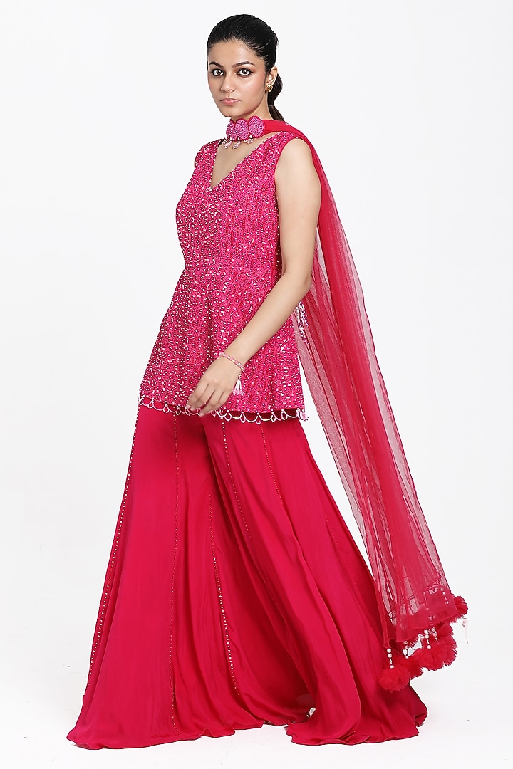 Fuchsia Pink Crepe Inserted Wedding Sharara Set by NITISHA  KASHYAP at Pernia's Pop Up Shop