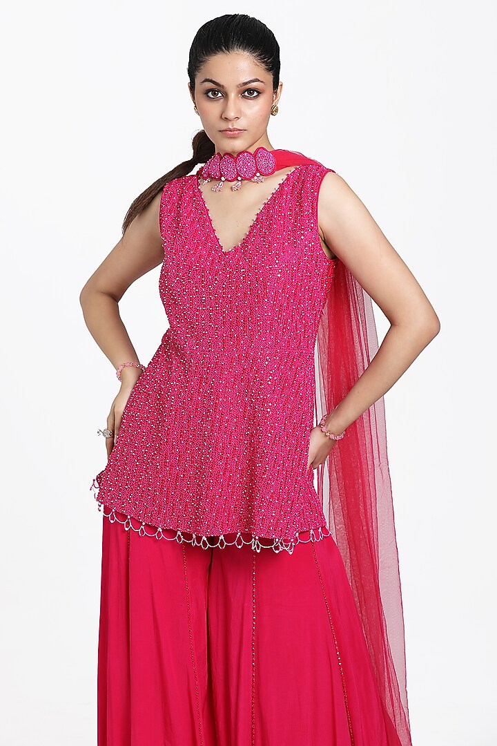 Fuchsia Pink Crepe Inserted Wedding Sharara Set by NITISHA  KASHYAP at Pernia's Pop Up Shop