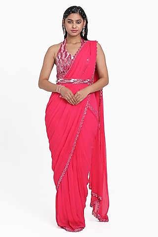 Pink Georgette Sequins & Cutdana Embroidered Draped Saree Set by NITISHA  KASHYAP