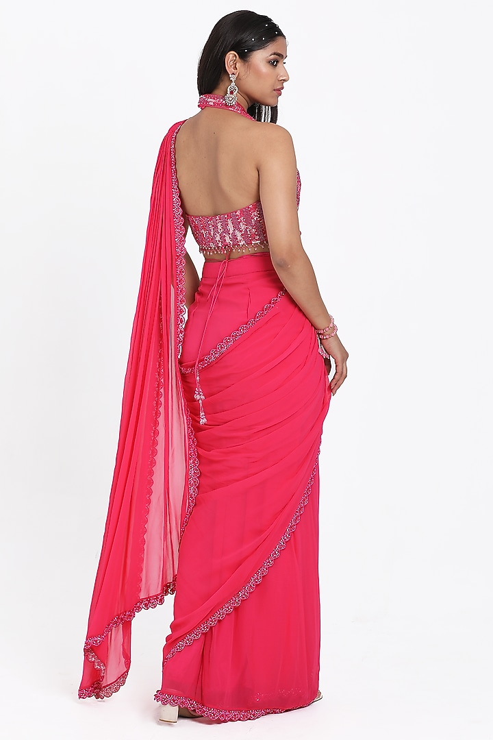 Pink Georgette Sequins & Cutdana Embroidered Draped Wedding Saree Set by NITISHA  KASHYAP at Pernia's Pop Up Shop