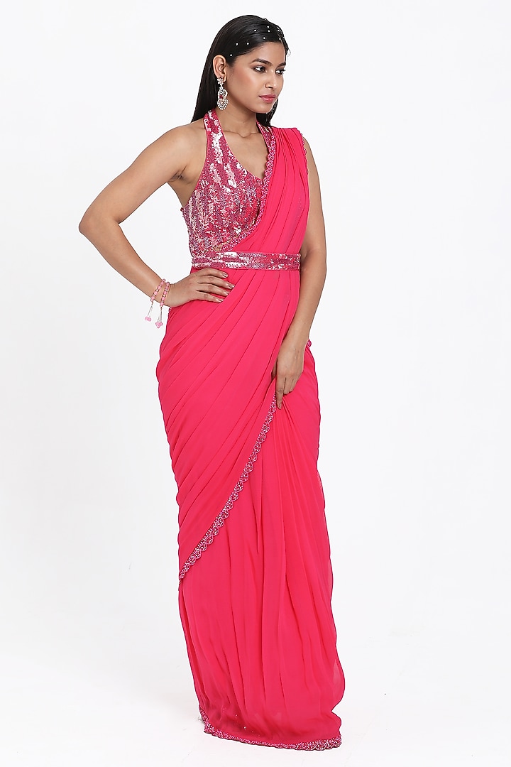 Pink Georgette Sequins & Cutdana Embroidered Draped Wedding Saree Set by NITISHA  KASHYAP at Pernia's Pop Up Shop