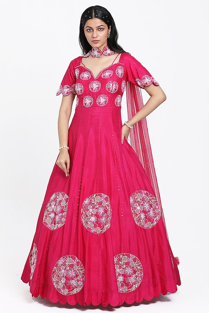 Fuchsia Pink Silk Floral Motif Embroidered Anarkali Set by NITISHA  KASHYAP at Pernia's Pop Up Shop