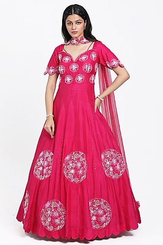 Fuchsia Pink Silk Floral Motif Embroidered Anarkali Set by NITISHA  KASHYAP