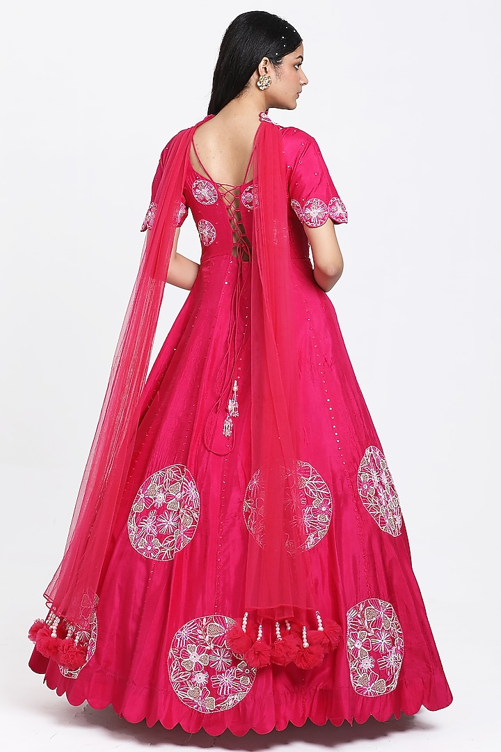 Fuchsia Pink Silk Floral Motif Embroidered Wedding Anarkali Set by NITISHA  KASHYAP at Pernia's Pop Up Shop