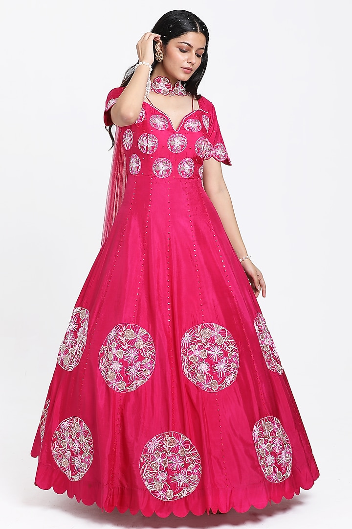 Fuchsia Pink Silk Floral Motif Embroidered Wedding Anarkali Set by NITISHA  KASHYAP at Pernia's Pop Up Shop