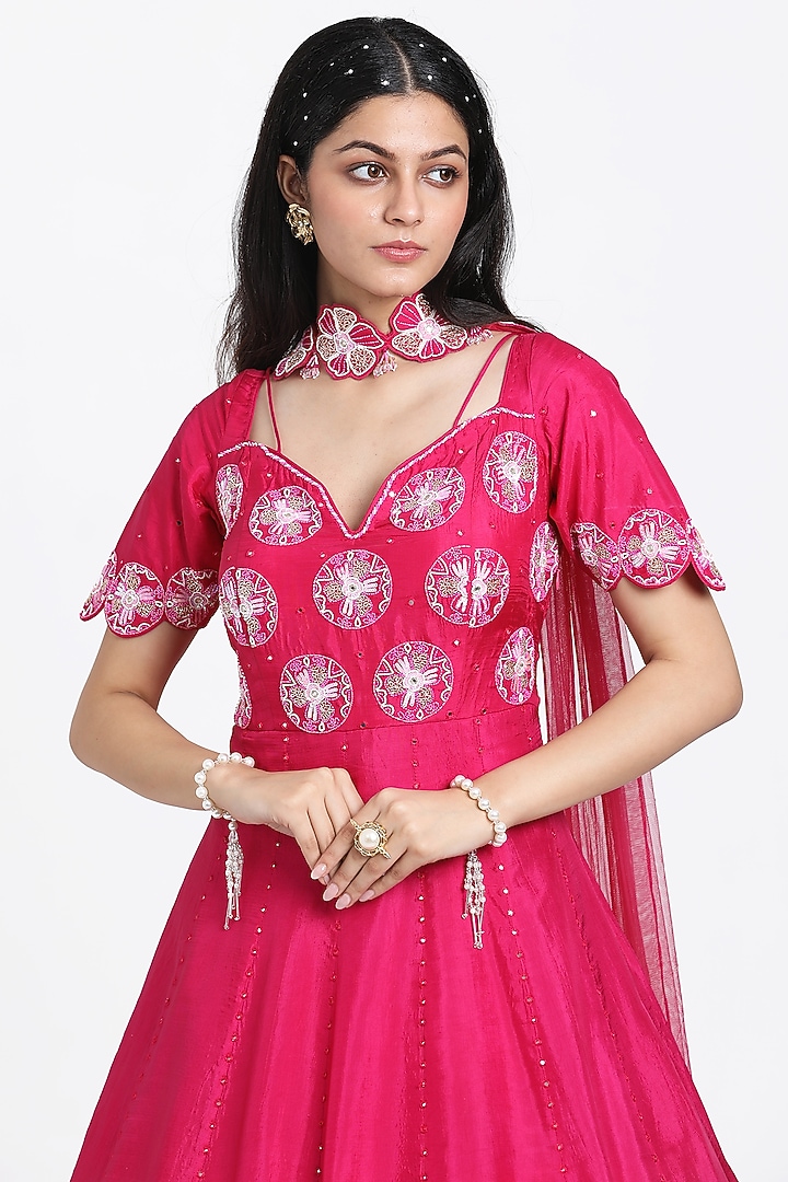 Fuchsia Pink Silk Floral Motif Embroidered Wedding Anarkali Set by NITISHA  KASHYAP at Pernia's Pop Up Shop