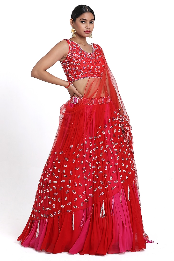 Red & Pink Georgette Cutdana Embroidered Ombre Wedding Lehenga Set by NITISHA  KASHYAP at Pernia's Pop Up Shop