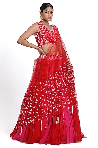 Red & Pink Georgette Cutdana Embroidered Ombre Lehenga Set by NITISHA  KASHYAP