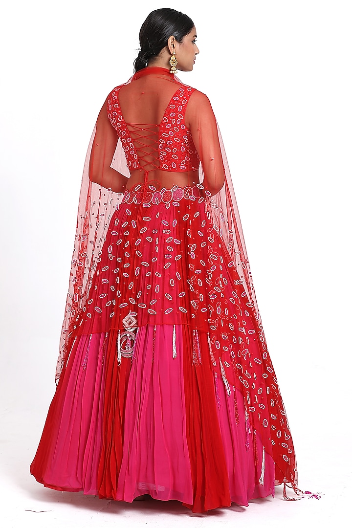 Red & Pink Georgette Cutdana Embroidered Ombre Wedding Lehenga Set by NITISHA  KASHYAP at Pernia's Pop Up Shop