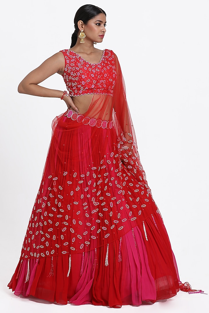 Red & Pink Georgette Cutdana Embroidered Ombre Wedding Lehenga Set by NITISHA  KASHYAP at Pernia's Pop Up Shop