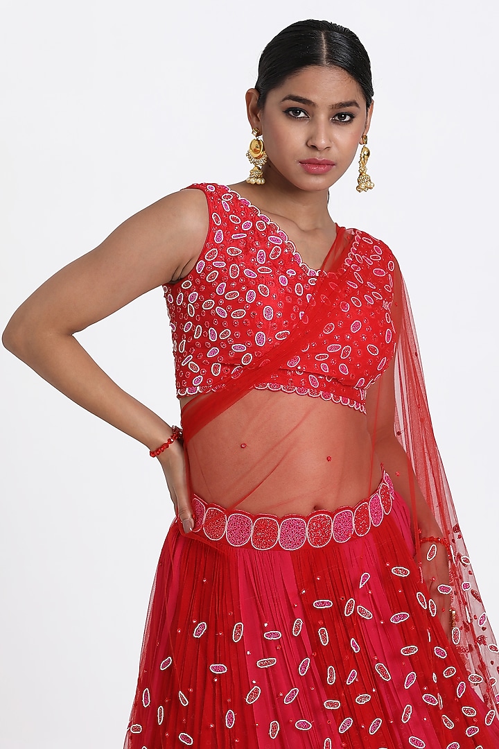 Red & Pink Georgette Cutdana Embroidered Ombre Wedding Lehenga Set by NITISHA KASHYAP at Pernia's Pop Up Shop