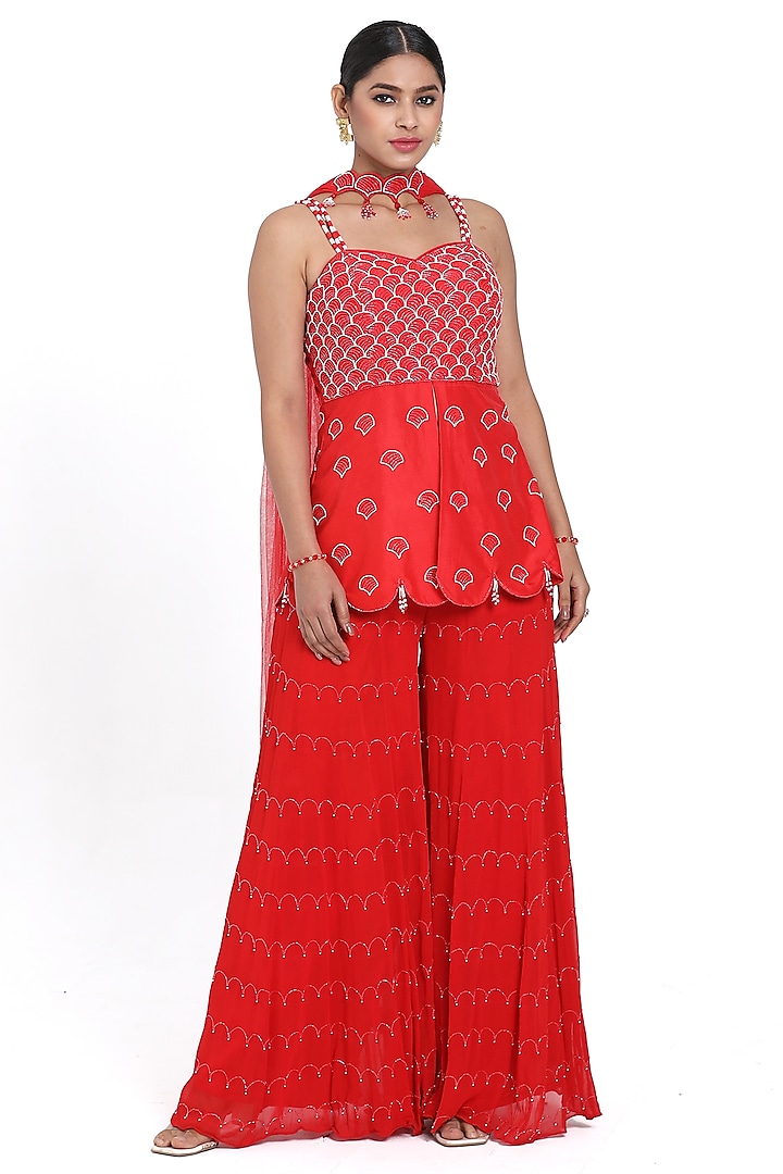 Red Georgette Cutdana Embroidered Inserted Sharara Set by NITISHA  KASHYAP at Pernia's Pop Up Shop