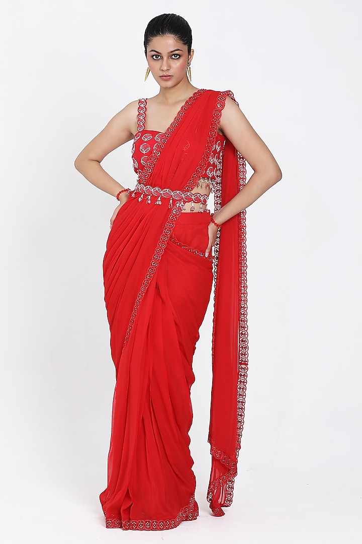 Red Georgette Cutdana Embroidered Draped Saree Set by NITISHA  KASHYAP