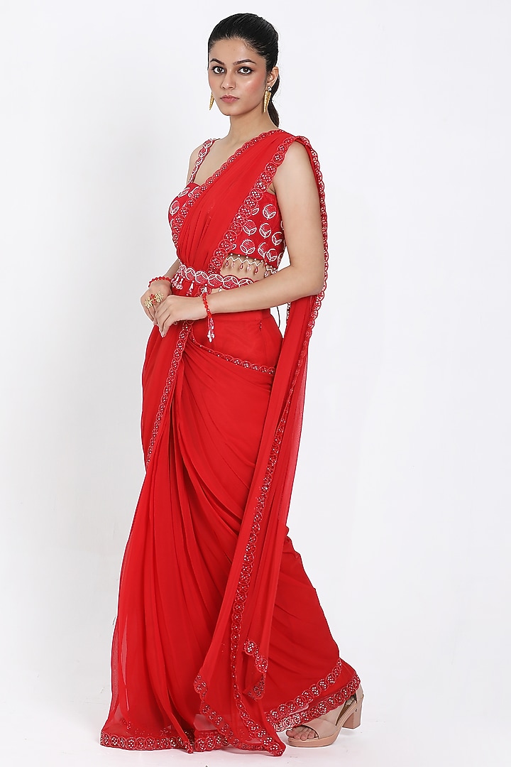 Red Georgette Cutdana Embroidered Draped Wedding Saree Set by NITISHA  KASHYAP at Pernia's Pop Up Shop